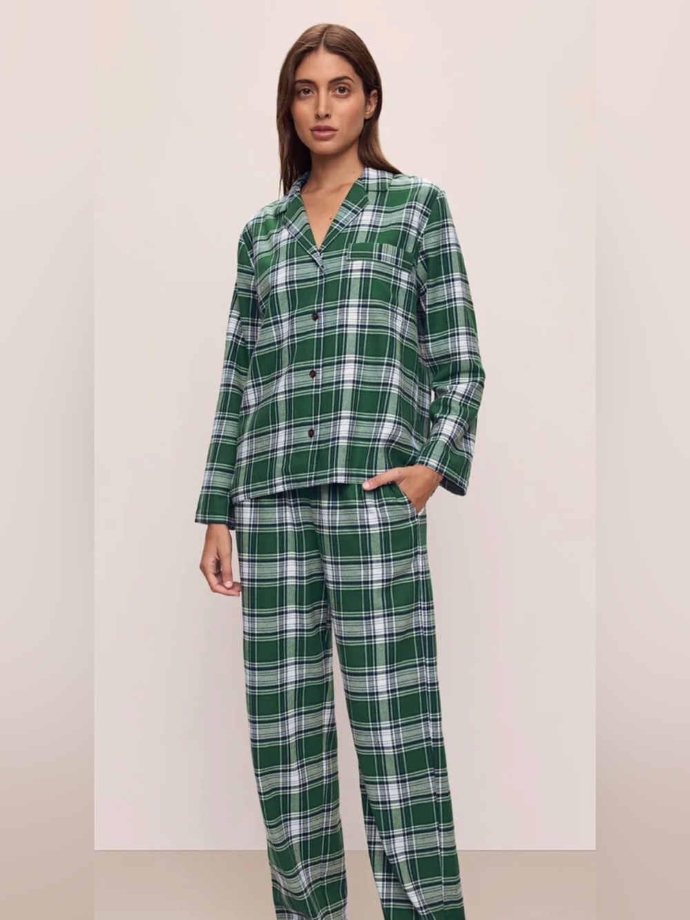 Eberjey Flannel Long PJ Set in Tartan Plaid Forest Green size XS